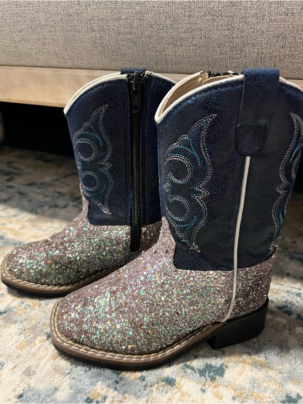 Old West Toddler Cowgirl Boots 6.5 Glitter Shimmer Navy Blue Cowboy